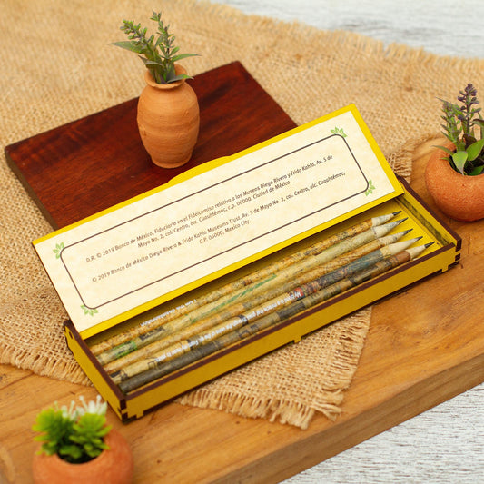 Boxed Set of Six Pencils Made With Recycled Newspaper - Diego and Frida in Yellow