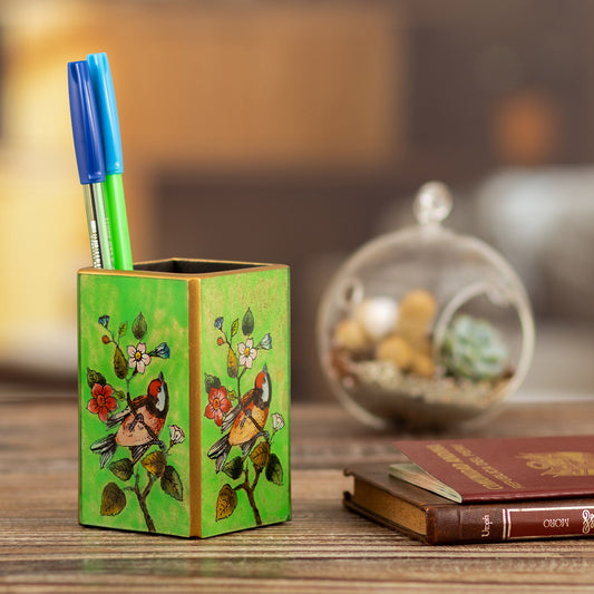 Bird-Themed Reverse-Painted Wood Pen Holder in Green - Spring Prairies