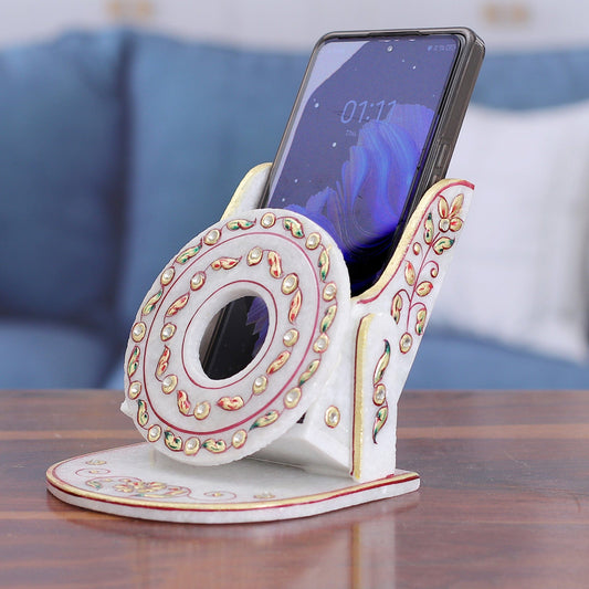 Beaded Marble Phone Holder with Hand-Painted Leaf Motifs - Leafy Aura