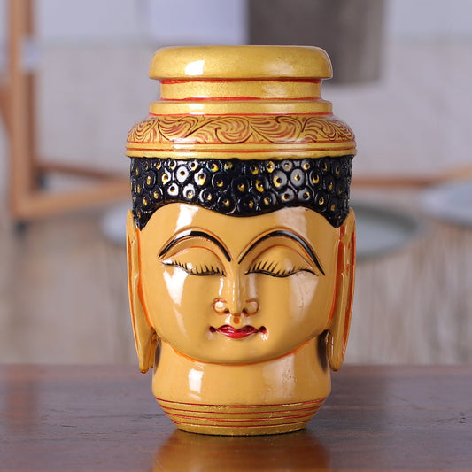 Buddha-Themed Hand-Painted Golden Kadam Wood Pen Holder - Wise Words